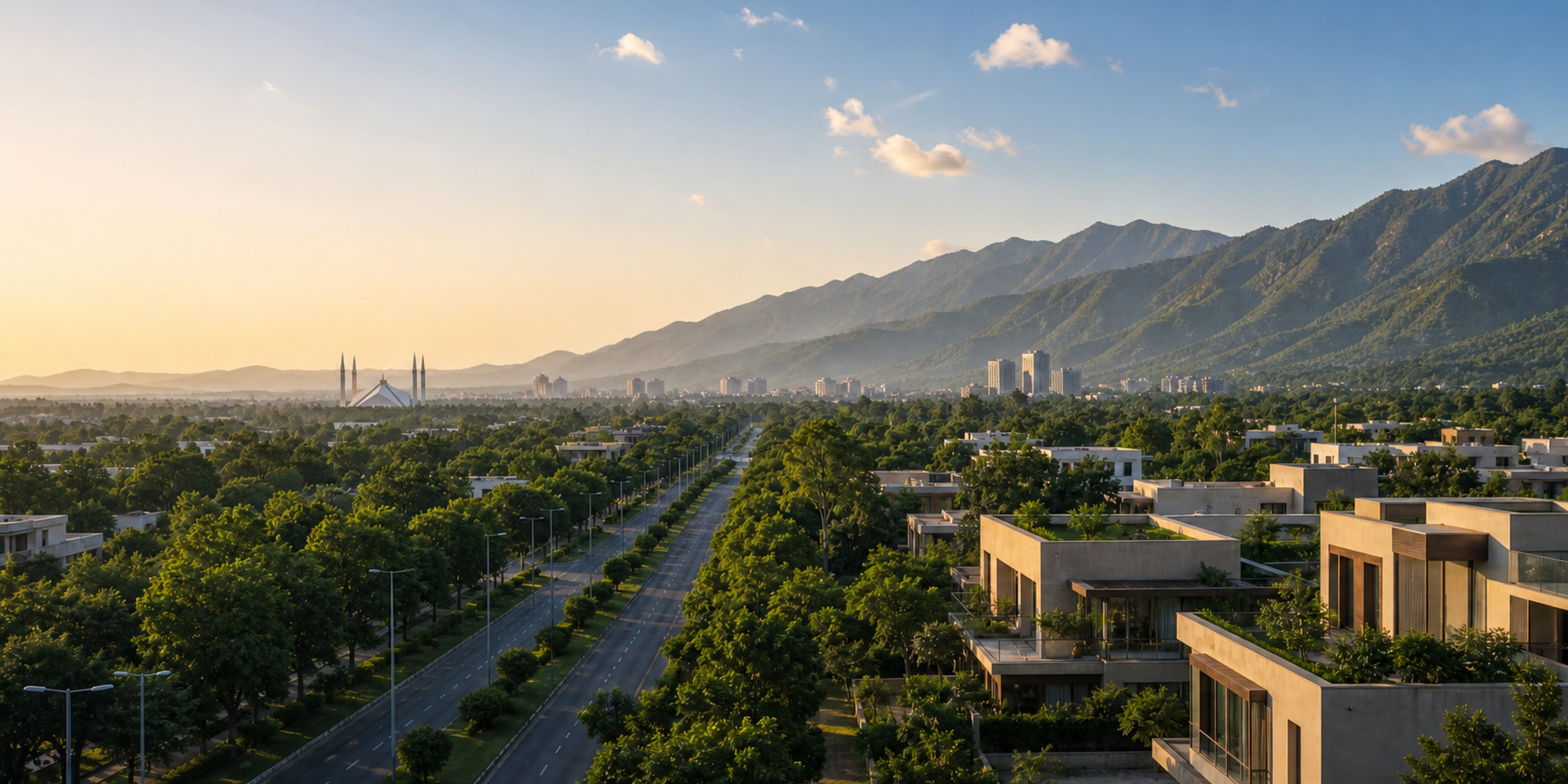 Islamabad skyline with Margalla Hills, Faisal Mosque, green avenues, and sector homes